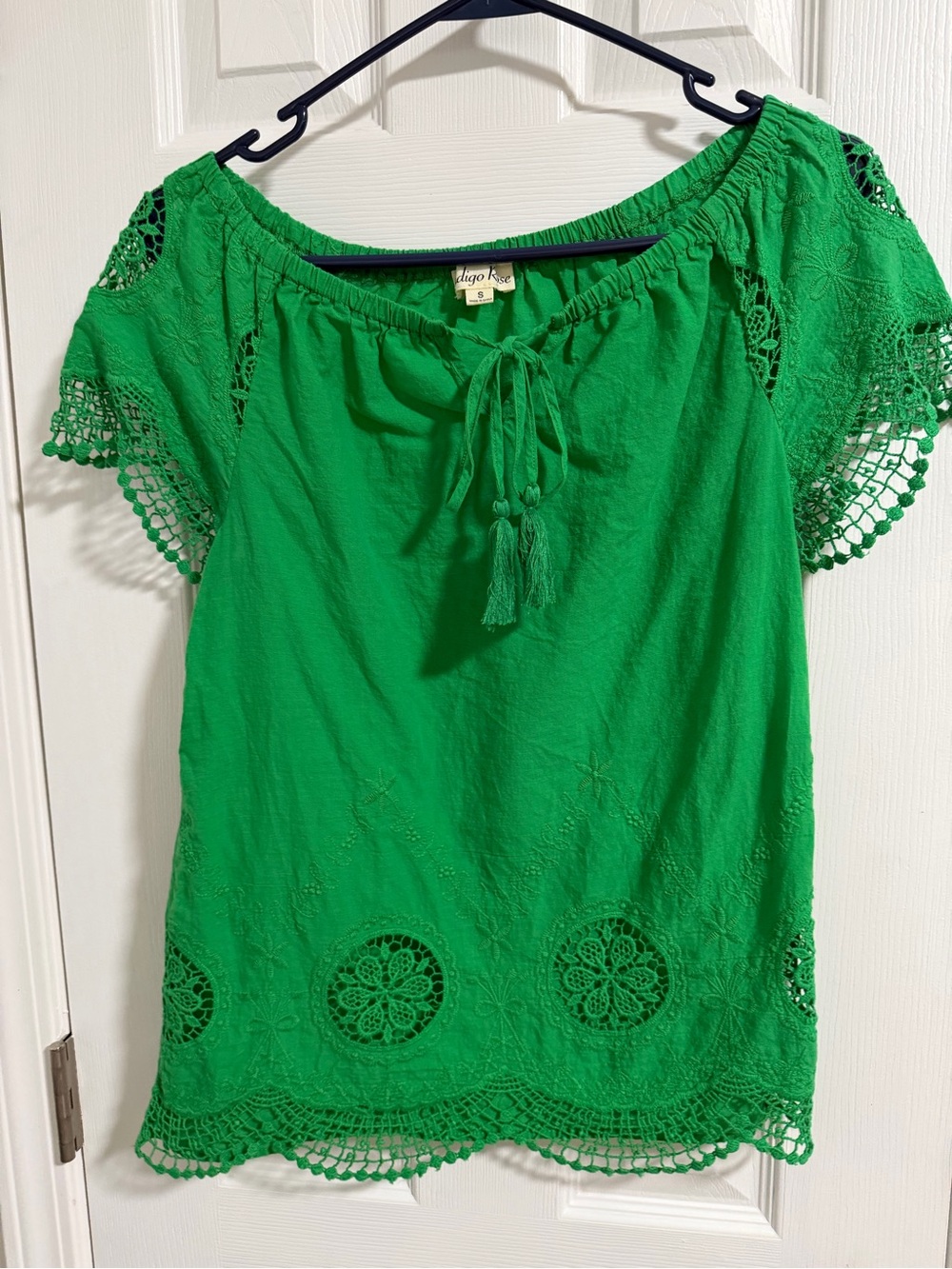 Maya Rose Green Crochet-Trim Peasant Blouse